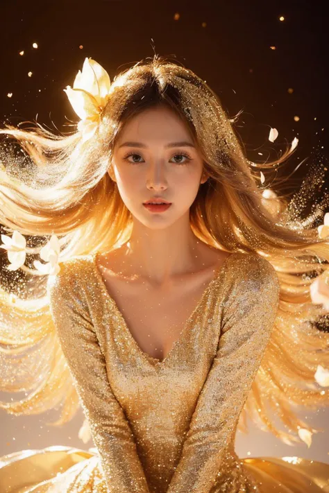 (1girl:1.1),stars in the eyes,(pure girl:1.1),(full body:0.6),There are many scattered luminous petals,contour deepening,white_background,cinematic angle,gold powder,<lora:jin_20231226224140-000003:0.7>,