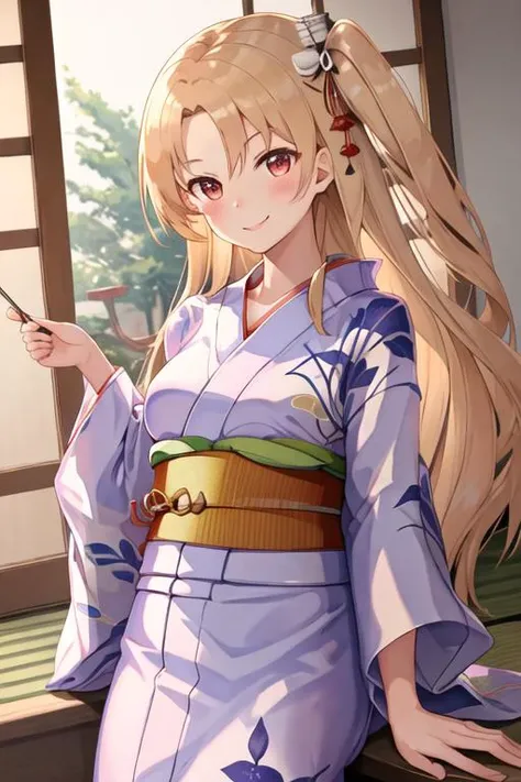 best quality, masterpiece, highres, solo, {yukata:1.40}, {kimono:1.20}, {cleveland_azurlane:1.15}, long_hair, blonde_hair, one_side_up, red_eyes, bangs, smile, blush