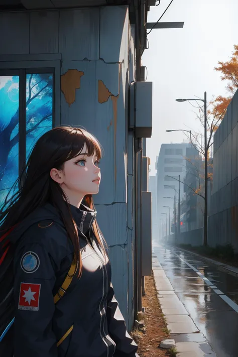 anime girl in a blue jacket standing on a sidewalk in front of a building