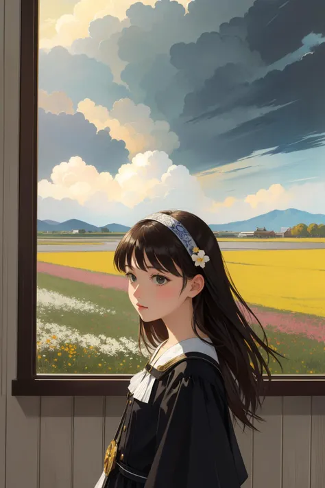 a girl standing in front of a painting of a field