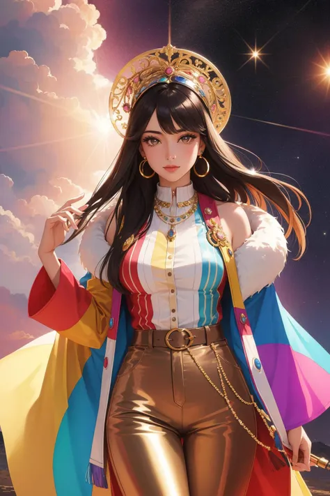 a woman in a gold outfit and a crown standing in front of a sky