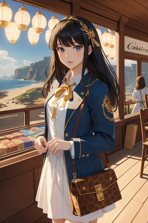 anime girl in a blue jacket and white dress standing in front of a restaurant