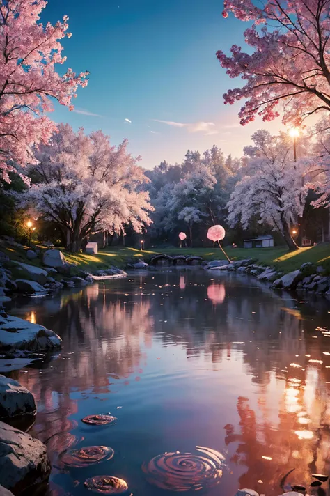 cinematic photo biomechanical style land art style hyperrealistic (A landscape with a pink atmosphere that scatters the light in different hues, creating a colorful and whimsical environment. The flora is fantastical and whimsical, such as cotton candy clo...