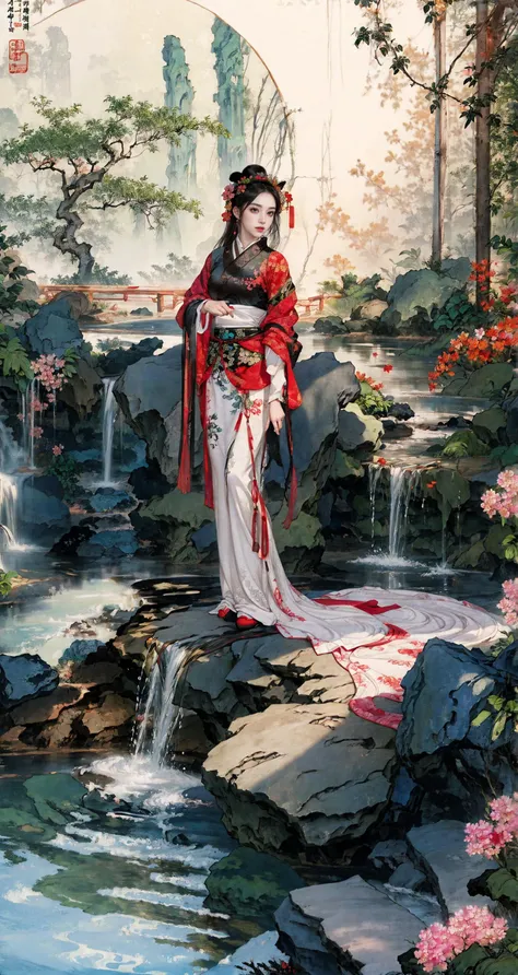 (1girl),chinese ink painting,epic,<lora:flowergirl:0.4>,<lora:xrs2.0:0.4>,silk skirt,scarf,patio,ancient architecture,flower,rockery,water,look from top to bottom,