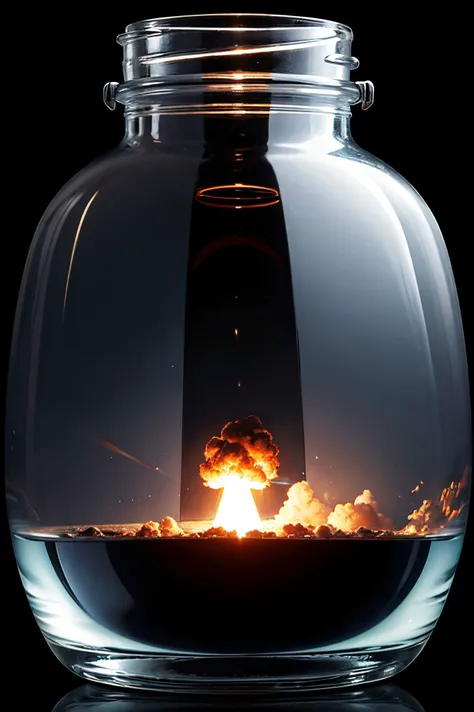 nuclear explosion inside a large transparent bottle,