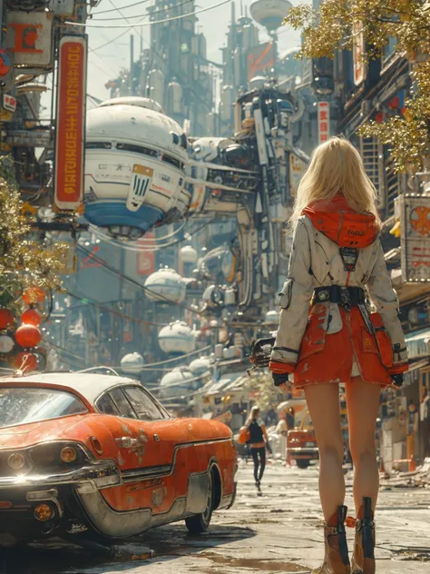 araffe walking down a street in a futuristic city with a car