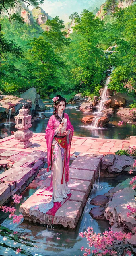 (1girl),chinese ink painting,epic,<lora:flowergirl:0.4>,<lora:xrs2.0:0.4>,silk skirt,scarf,patio,ancient architecture,flower,rockery,water,look from top to bottom,