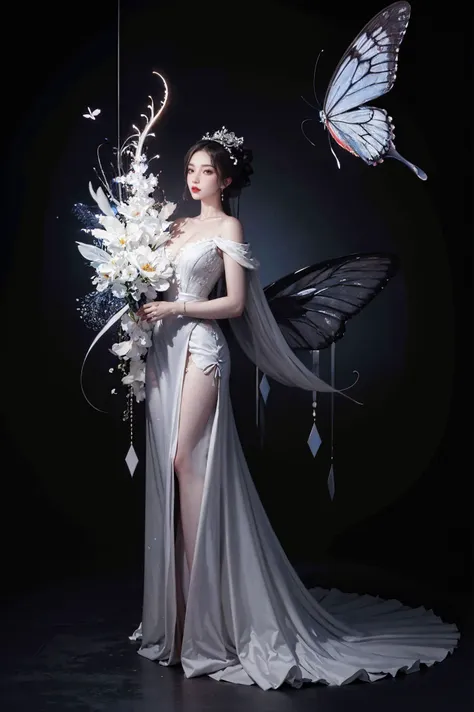 a woman in a white dress holding a bouquet and a butterfly