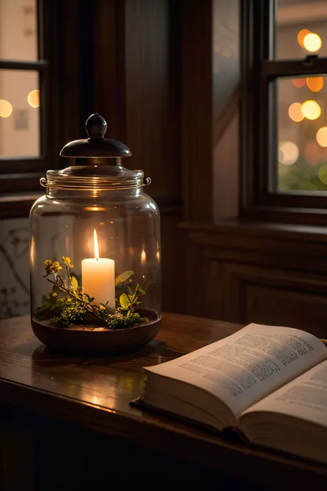 there is a candle and a book on a table by a window