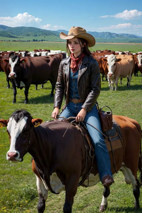 woman in cowboy hat riding on a cow in a field of cows