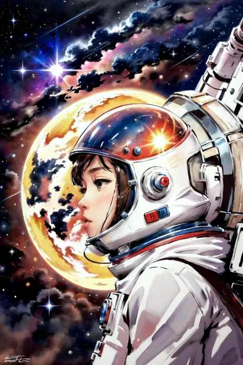 girl,astronaut,space,from_above,stars,jumping,serious,floating,afar,[spaceship:0.1],helmet,(jetpack),planets,colorful,lens_flare,flare (masterpiece,detailed,highres:1.4), (prettify:0.2)