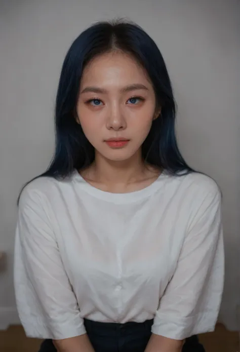 a woman with blue hair and a white shirt sitting on a wooden floor