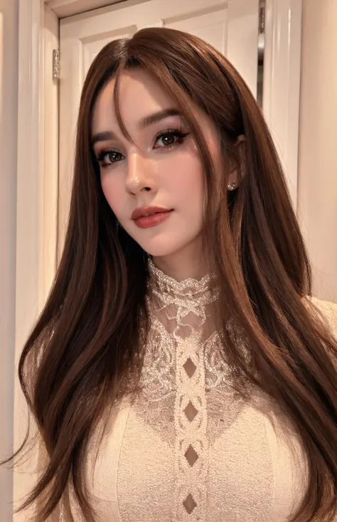 a woman with long brown hair wearing a white dress