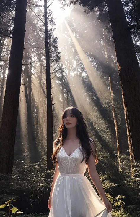 a woman in a white dress standing in a forest with sunbeams