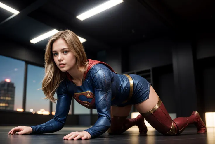 dc movies,full body,front view,photo of a 18 year old girl,supergirl,all fours,prostration,looking at viewer,ray tracing,detail ...