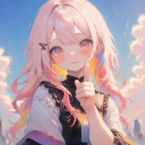 anime girl with pink hair and blue eyes pointing at the camera