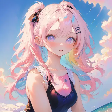 anime girl with pink hair and blue eyes standing on the beach