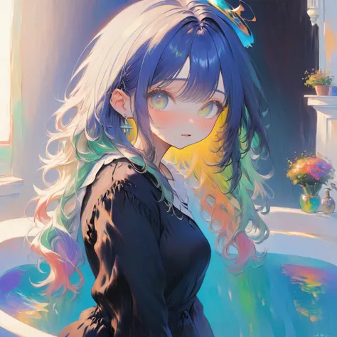 anime girl with long hair and blue eyes standing in a fountain