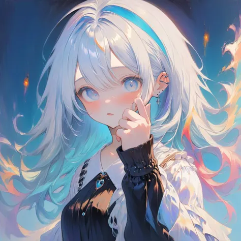 anime girl with white hair and blue eyes in a black dress