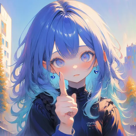 anime girl with blue hair pointing at something with her finger