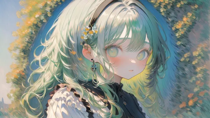 anime girl with long green hair and a flower in her hair