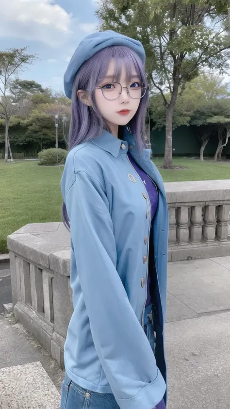 peila girl,purple hair,blue eyes,glasses,beret,celestique(hairdo),solo,safari jacket shirt,<lora:çä¸æ_è¥¿æ½å°éé¾V1:0.4>,