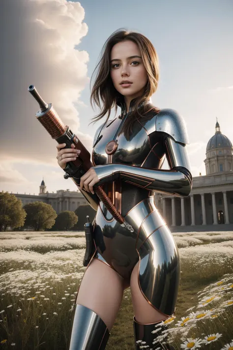 a woman in a shiny suit holding a gun in a field