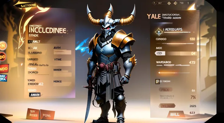 image shows a game ui interface,european and american style,colorful,bright,concise,simplicity,epic,hall level,fake screenshot, weapon, helmet, sword, armor, horns, full armor, holding weapon, horned helmet, holding, fake horns, holding sword, gauntlets, m...