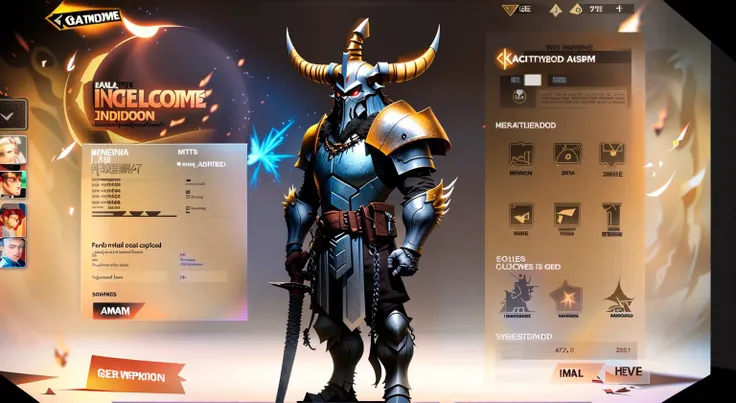 image shows a game ui interface,european and american style,colorful,bright,concise,simplicity,epic,hall level,fake screenshot, weapon, helmet, sword, armor, horns, full armor, holding weapon, horned helmet, holding, fake horns, holding sword, gauntlets, m...