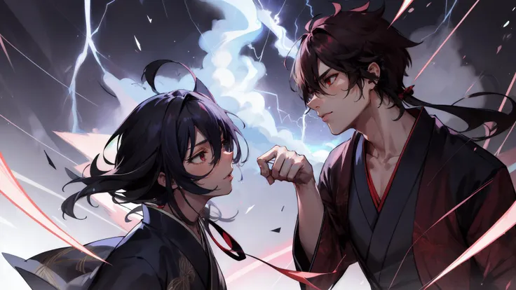 1male, black and red:kimono, upper body, deflectinga lightning bolts, intense fight