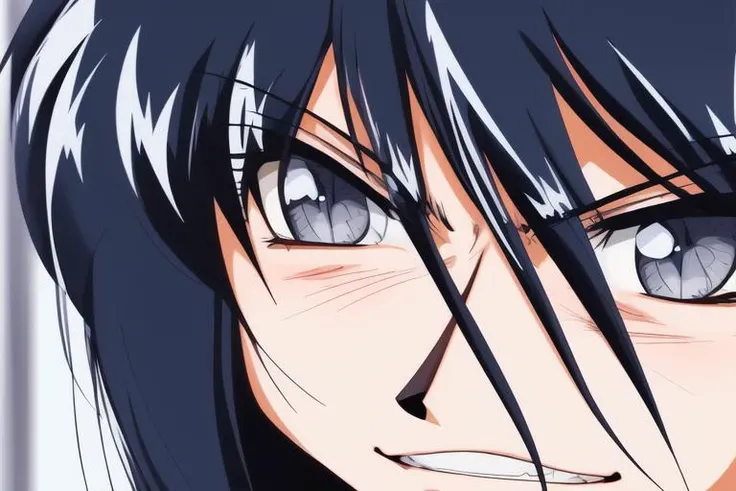 <lora:Fujiwara_Mitsuki:0.8>fujiwaramitsuki, 1girl, solo, blush, clenched teeth, grey eyes, teeth, long hair, black hair, close-up, blue hair, angry, looking at viewer, hair between eyesm, miko,
retro artstyle, masterpiece, high quality, very_high_resolutio...