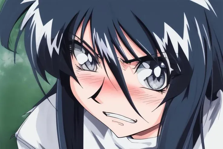 <lora:Fujiwara_Mitsuki:0.8>fujiwaramitsuki, 1girl, solo, blush, clenched teeth, grey eyes, teeth, long hair, black hair, close-up, blue hair, angry, looking at viewer, hair between eyesm, miko,
retro artstyle, masterpiece, high quality, very_high_resolutio...