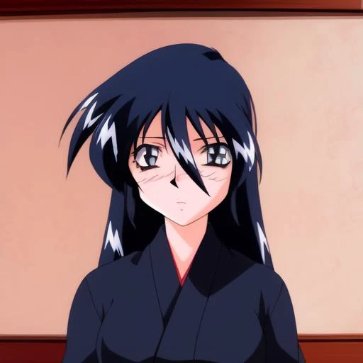 <lora:Fujiwara_Mitsuki:1>, Fujiwara Mitsuki, 1girl, soro, long_hair,  black_hair, blue_hair, grey_eyes,  hair_between_eyes
masterpiece, high quality, very_high_resolution, large_filesize, full color, 1990s (style), anime, anime_screencap, animated gif, mp4...