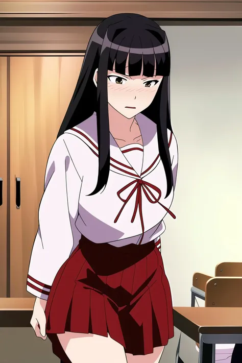 <lora:love-hina-motoko-aoyama:0.8> motoko aoyama wearing a serafuku, in a shool classroom, blushing