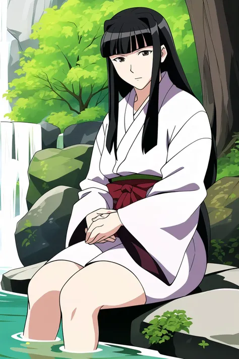 <lora:love-hina-motoko-aoyama:0.9> motoko aoyama in a white kimono sitting on a rock in front of a waterfall, japanese maple tre...