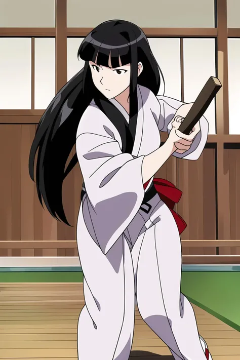 <lora:love-hina-motoko-aoyama:0.9> motoko aoyama wearing a white kimono with a black belt, (kendo:1.1) training, holding a woode...