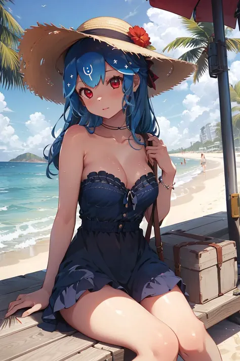 1girl, sitting, blue hair, exposed shoulders, bao (vtuber), beach, from below,  <lora:Char - Bao:0.9> strapless dress, collarbone, straw hat, long hair, red eyes,