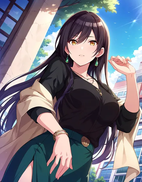 anime girl with long black hair and green skirt standing in front of a building