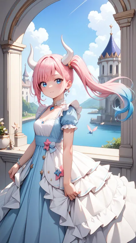 Score_9, score_8_up, score_7_up, masterpiece, best quality, 1girl, (Pink hair:1.1), blue eyes, Gradient hair, White horns, (light blue hair tips:0.9), Side ponytail, (small breasts:0.9), <lora:yuta-chernobaeva-pxl:0.7>, yuta-chernobaeva-pxl, Dress