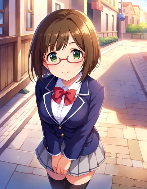 anime girl in school uniform standing on a street corner