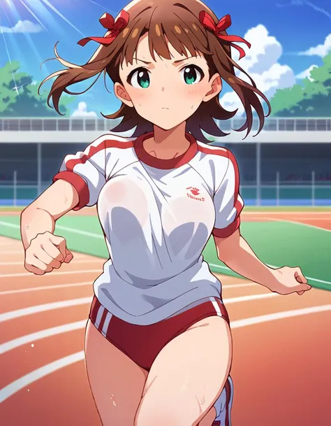 a woman in a white shirt and red shorts running on a track