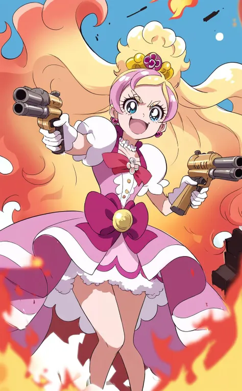 a cartoon picture of a woman holding a gun in front of a fire