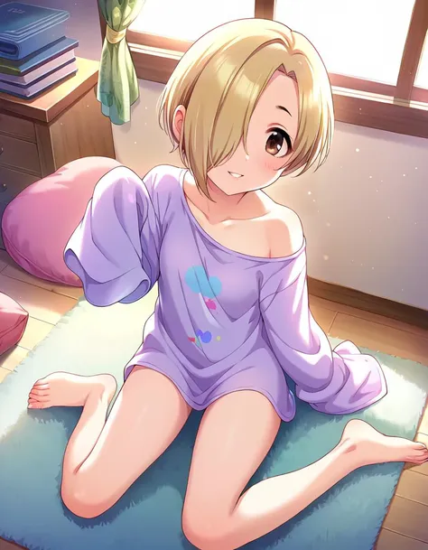 anime girl sitting on a rug in a room with a window