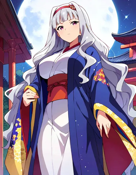 anime girl in a kimono outfit standing in front of a full moon