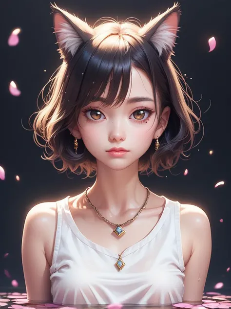 score_9,kuazhang3d, 1girl, solo, animal ears, jewelry, short hair, looking at viewer, earrings, cat ears, upper body, brown eyes, animal ear fluff, brown hair, sleeveless, lips, collarbone, bare shoulders, water, partially submerged, flower, shirt, necklac...