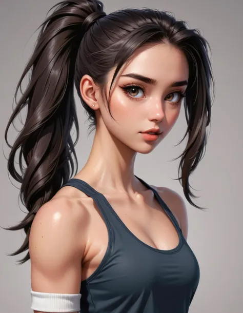 beauty in sporty clothes, dark ponytail, dark eyes