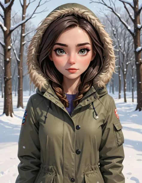 anya in the snow, wearing parka, cartoon style