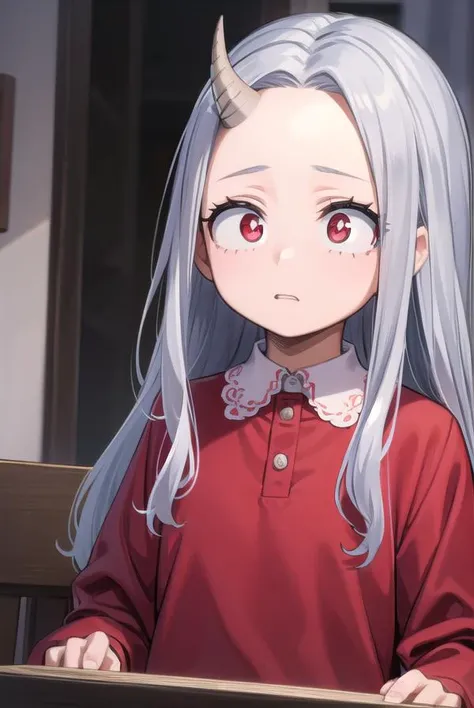 academiaeri, <lyco:eri-lyco-nochekaiser:1>, 
eri, long hair, (red eyes:1.5), grey hair, horns, child, single horn, female child,
BREAK shirt, long sleeves, dress, white shirt, collared shirt, red dress, pleated dress,
BREAK looking at viewer,
BREAK indoors...