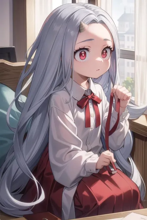 academiaeri, <lyco:eri-lyco-nochekaiser:1>, 
eri, long hair, (red eyes:1.5), grey hair, horns, child, single horn, female child,
BREAK shirt, long sleeves, dress, white shirt, collared shirt, red dress, pleated dress,
BREAK looking at viewer,
BREAK indoors...