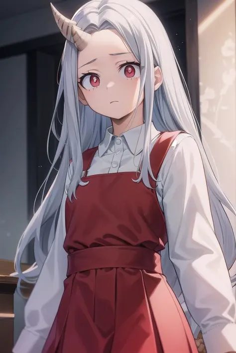 academiaeri, <lyco:eri-lyco-nochekaiser:1>, 
eri, long hair, (red eyes:1.5), grey hair, horns, child, single horn, female child,
BREAK shirt, long sleeves, dress, white shirt, collared shirt, red dress, pleated dress,
BREAK looking at viewer,
BREAK indoors...